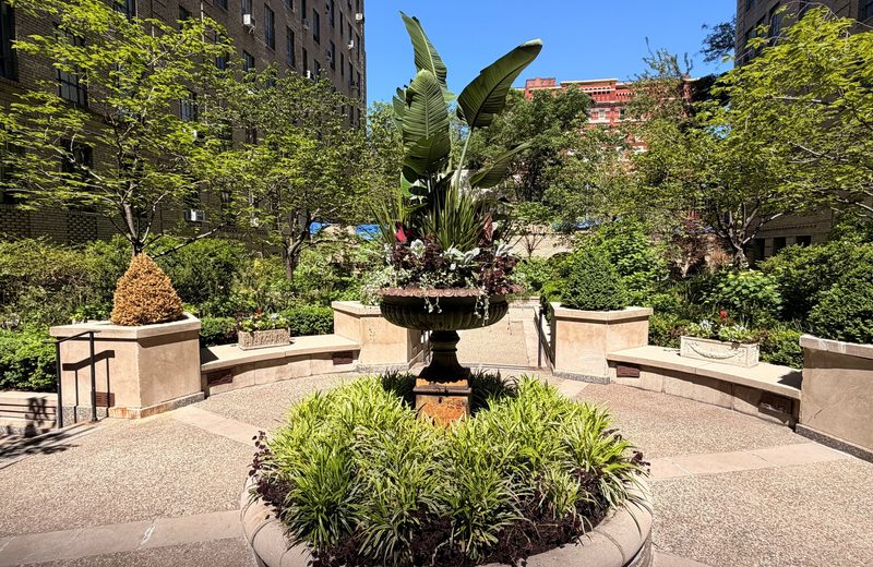 The central fountain and planting beds